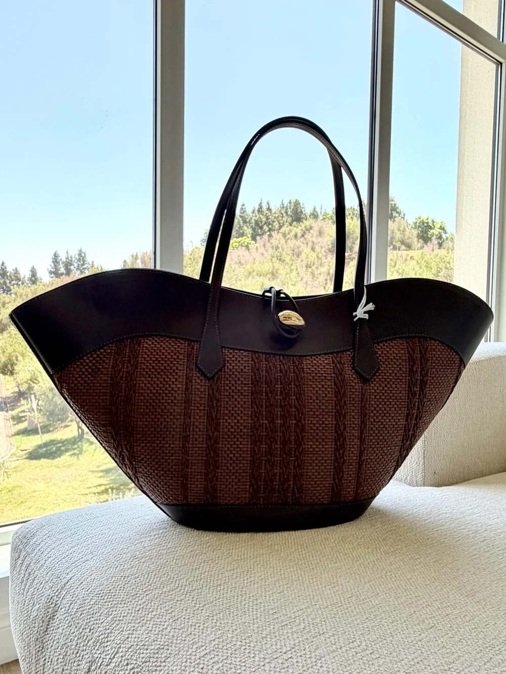 NWT Cheval Firenze Miranda Max Large Raffia Leather Tote Dark Brown Italy